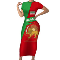 Iran National Heritage Short Sleeve Bodycon Dress with Lion and Sun Emblem and Royal Coat of Arms
