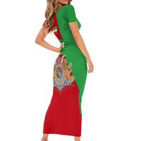 Iran National Heritage Short Sleeve Bodycon Dress with Lion and Sun Emblem and Royal Coat of Arms