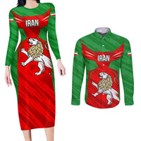 Iran National Pride Couples Matching Long Sleeve Bodycon Dress and Long Sleeve Button Shirt with Bold Lion Crest and Country Silhouette