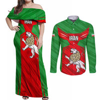 Iran National Pride Couples Matching Off Shoulder Maxi Dress and Long Sleeve Button Shirt with Bold Lion Crest and Country Silhouette