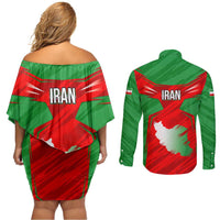 Iran National Pride Couples Matching Off Shoulder Short Dress and Long Sleeve Button Shirt with Bold Lion Crest and Country Silhouette