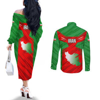 Iran National Pride Couples Matching Off The Shoulder Long Sleeve Dress and Long Sleeve Button Shirt with Bold Lion Crest and Country Silhouette