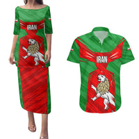 Iran National Pride Couples Matching Puletasi and Hawaiian Shirt with Bold Lion Crest and Country Silhouette
