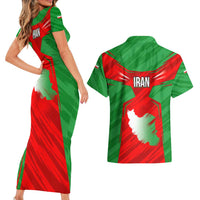 Iran National Pride Couples Matching Short Sleeve Bodycon Dress and Hawaiian Shirt with Bold Lion Crest and Country Silhouette