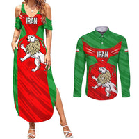 Iran National Pride Couples Matching Summer Maxi Dress and Long Sleeve Button Shirt with Bold Lion Crest and Country Silhouette