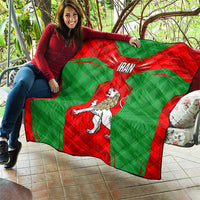 Iran National Pride Quilt with Bold Lion Crest and Country Silhouette