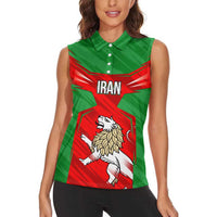 Iran National Pride Women Sleeveless Polo Shirt with Bold Lion Crest and Country Silhouette