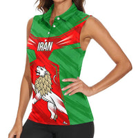 Iran National Pride Women Sleeveless Polo Shirt with Bold Lion Crest and Country Silhouette