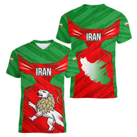 Iran National Pride Women V-Neck T-Shirt with Bold Lion Crest and Country Silhouette