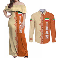 Iran Heritage Couples Matching Off Shoulder Maxi Dress and Long Sleeve Button Shirt with Traditional Pattern and Royal Emblem Design
