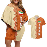 Iran Heritage Couples Matching Off Shoulder Short Dress and Hawaiian Shirt with Traditional Pattern and Royal Emblem Design