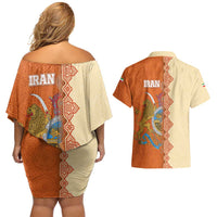 Iran Heritage Couples Matching Off Shoulder Short Dress and Hawaiian Shirt with Traditional Pattern and Royal Emblem Design