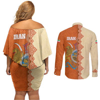 Iran Heritage Couples Matching Off Shoulder Short Dress and Long Sleeve Button Shirt with Traditional Pattern and Royal Emblem Design