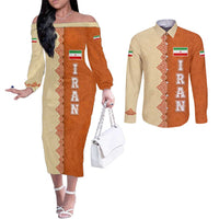 Iran Heritage Couples Matching Off The Shoulder Long Sleeve Dress and Long Sleeve Button Shirt with Traditional Pattern and Royal Emblem Design
