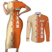 Iran Heritage Couples Matching Short Sleeve Bodycon Dress and Long Sleeve Button Shirt with Traditional Pattern and Royal Emblem Design