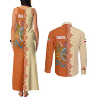 Iran Heritage Couples Matching Tank Maxi Dress and Long Sleeve Button Shirt with Traditional Pattern and Royal Emblem Design