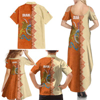 Iran Heritage Family Matching Summer Maxi Dress and Hawaiian Shirt with Traditional Pattern and Royal Emblem Design