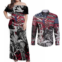 Hip Hop Graffiti Couples Matching Off Shoulder Maxi Dress and Long Sleeve Button Shirt with Rapper Portrait and American Flag Street Art - Wonder Print Shop