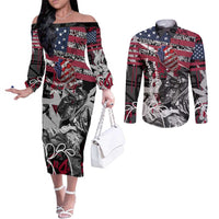 Hip Hop Graffiti Couples Matching Off The Shoulder Long Sleeve Dress and Long Sleeve Button Shirt with Rapper Portrait and American Flag Street Art - Wonder Print Shop