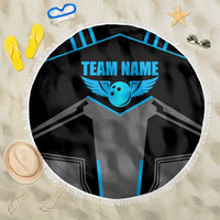 Custom Bowling Team Beach Blanket with Blue Bowling Pin Heartbeat Graphic and Winged Emblem - Wonder Print Shop