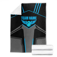 Custom Bowling Team Blanket with Blue Bowling Pin Heartbeat Graphic and Winged Emblem - Wonder Print Shop