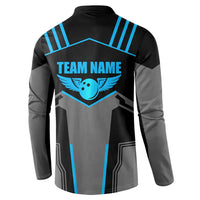 Custom Bowling Team Button Sweatshirt with Blue Bowling Pin Heartbeat Graphic and Winged Emblem - Wonder Print Shop