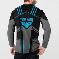 Custom Bowling Team Button Sweatshirt with Blue Bowling Pin Heartbeat Graphic and Winged Emblem - Wonder Print Shop