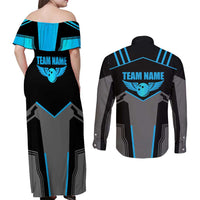 Custom Bowling Team Couples Matching Off Shoulder Maxi Dress and Long Sleeve Button Shirt with Blue Bowling Pin Heartbeat Graphic and Winged Emblem - Wonder Print Shop