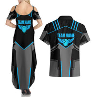 Custom Bowling Team Couples Matching Summer Maxi Dress and Hawaiian Shirt with Blue Bowling Pin Heartbeat Graphic and Winged Emblem - Wonder Print Shop