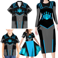 Custom Bowling Team Family Matching Long Sleeve Bodycon Dress and Hawaiian Shirt with Blue Bowling Pin Heartbeat Graphic and Winged Emblem - Wonder Print Shop