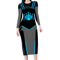 Custom Bowling Team Family Matching Long Sleeve Bodycon Dress and Hawaiian Shirt with Blue Bowling Pin Heartbeat Graphic and Winged Emblem - Wonder Print Shop