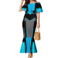 Custom Bowling Team Family Matching Mermaid Dress and Hawaiian Shirt with Blue Bowling Pin Heartbeat Graphic and Winged Emblem - Wonder Print Shop