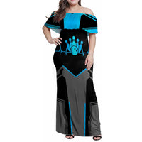 Custom Bowling Team Family Matching Off Shoulder Maxi Dress and Hawaiian Shirt with Blue Bowling Pin Heartbeat Graphic and Winged Emblem - Wonder Print Shop