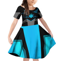 Custom Bowling Team Family Matching Off Shoulder Short Dress and Hawaiian Shirt with Blue Bowling Pin Heartbeat Graphic and Winged Emblem - Wonder Print Shop