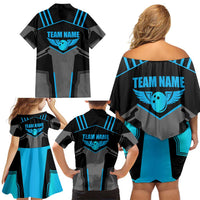 Custom Bowling Team Family Matching Off Shoulder Short Dress and Hawaiian Shirt with Blue Bowling Pin Heartbeat Graphic and Winged Emblem - Wonder Print Shop