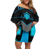 Custom Bowling Team Family Matching Off Shoulder Short Dress and Hawaiian Shirt with Blue Bowling Pin Heartbeat Graphic and Winged Emblem - Wonder Print Shop