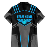 Custom Bowling Team Family Matching Short Sleeve Bodycon Dress and Hawaiian Shirt with Blue Bowling Pin Heartbeat Graphic and Winged Emblem - Wonder Print Shop