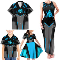 Custom Bowling Team Family Matching Tank Maxi Dress and Hawaiian Shirt with Blue Bowling Pin Heartbeat Graphic and Winged Emblem - Wonder Print Shop