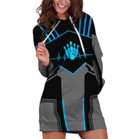 Custom Bowling Team Hoodie Dress with Blue Bowling Pin Heartbeat Graphic and Winged Emblem - Wonder Print Shop