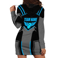 Custom Bowling Team Hoodie Dress with Blue Bowling Pin Heartbeat Graphic and Winged Emblem - Wonder Print Shop