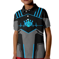 Custom Bowling Team Kid Polo Shirt with Blue Bowling Pin Heartbeat Graphic and Winged Emblem - Wonder Print Shop