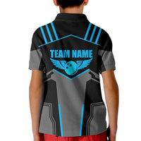Custom Bowling Team Kid Polo Shirt with Blue Bowling Pin Heartbeat Graphic and Winged Emblem - Wonder Print Shop