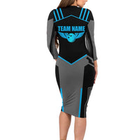 Custom Bowling Team Long Sleeve Bodycon Dress with Blue Bowling Pin Heartbeat Graphic and Winged Emblem - Wonder Print Shop