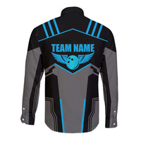 Custom Bowling Team Long Sleeve Button Shirt with Blue Bowling Pin Heartbeat Graphic and Winged Emblem - Wonder Print Shop