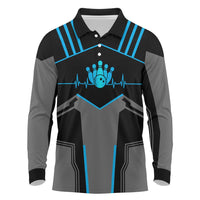 Custom Bowling Team Long Sleeve Polo Shirt with Blue Bowling Pin Heartbeat Graphic and Winged Emblem - Wonder Print Shop