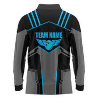 Custom Bowling Team Long Sleeve Polo Shirt with Blue Bowling Pin Heartbeat Graphic and Winged Emblem - Wonder Print Shop