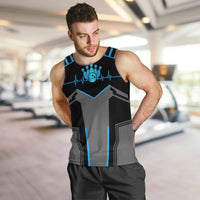 Custom Bowling Team Men Tank Top with Blue Bowling Pin Heartbeat Graphic and Winged Emblem - Wonder Print Shop