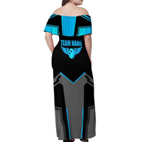 Custom Bowling Team Off Shoulder Maxi Dress with Blue Bowling Pin Heartbeat Graphic and Winged Emblem - Wonder Print Shop