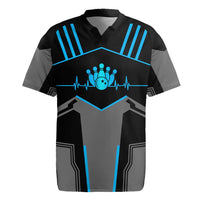 Custom Bowling Team Rugby Jersey with Blue Bowling Pin Heartbeat Graphic and Winged Emblem - Wonder Print Shop