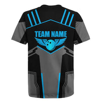 Custom Bowling Team Rugby Jersey with Blue Bowling Pin Heartbeat Graphic and Winged Emblem - Wonder Print Shop